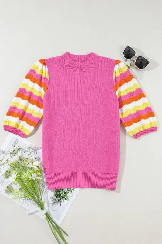 Pink ribbed knit top - short sleeve sweaters