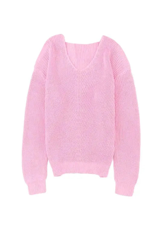 Pink Ribbed Knit V Neck Sweater - Fashionfitz