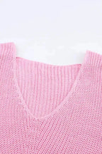 Pink Ribbed Knit V Neck Sweater - Fashionfitz
