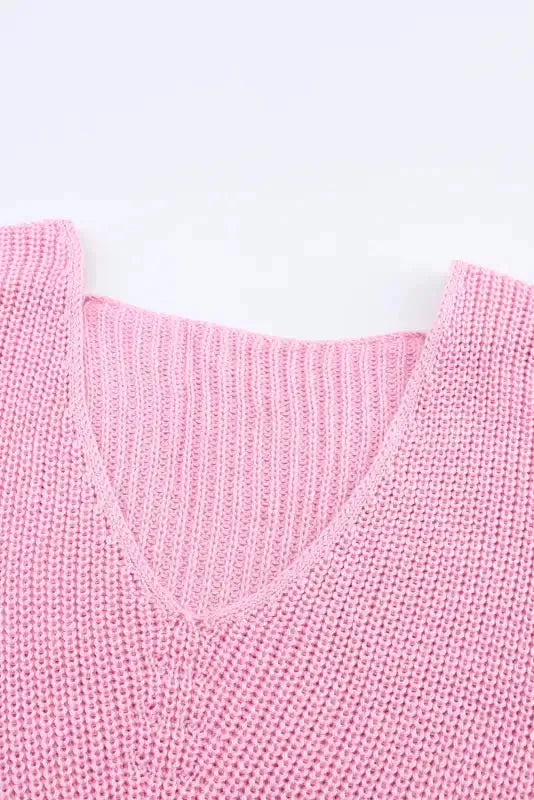 Pink Ribbed Knit V Neck Sweater - Fashionfitz