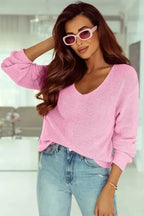 Pink Ribbed Knit V Neck Sweater - Fashionfitz