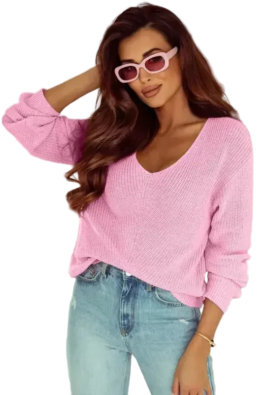 Woman wearing pink ribbed knit V neck sweater front view Fashionfitz UK