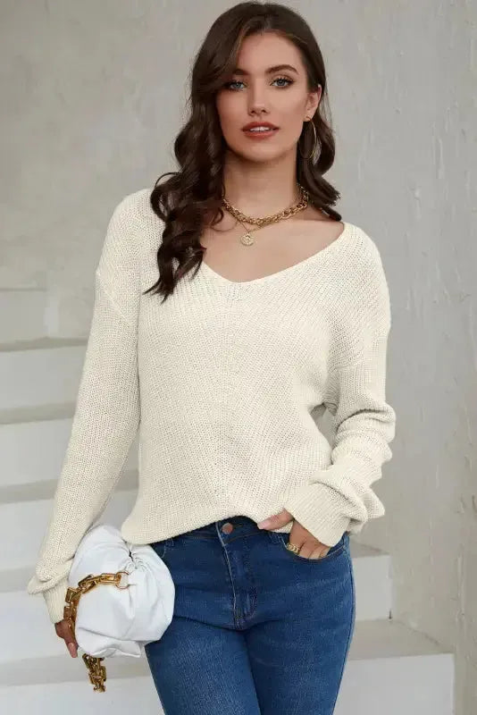 Pink Ribbed Knit V Neck Sweater - Fashionfitz