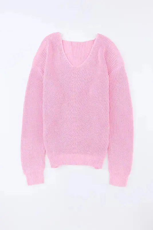 Pink Ribbed Knit V Neck Sweater - Fashionfitz