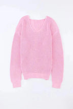 Pink Ribbed Knit V Neck Sweater - Fashionfitz