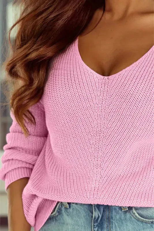 Pink Ribbed Knit V Neck Sweater - Fashionfitz