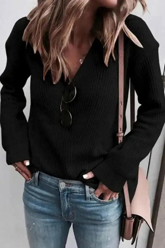 Pink Ribbed Knit V Neck Sweater - Fashionfitz