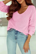 Pink Ribbed Knit V Neck Sweater - Fashionfitz