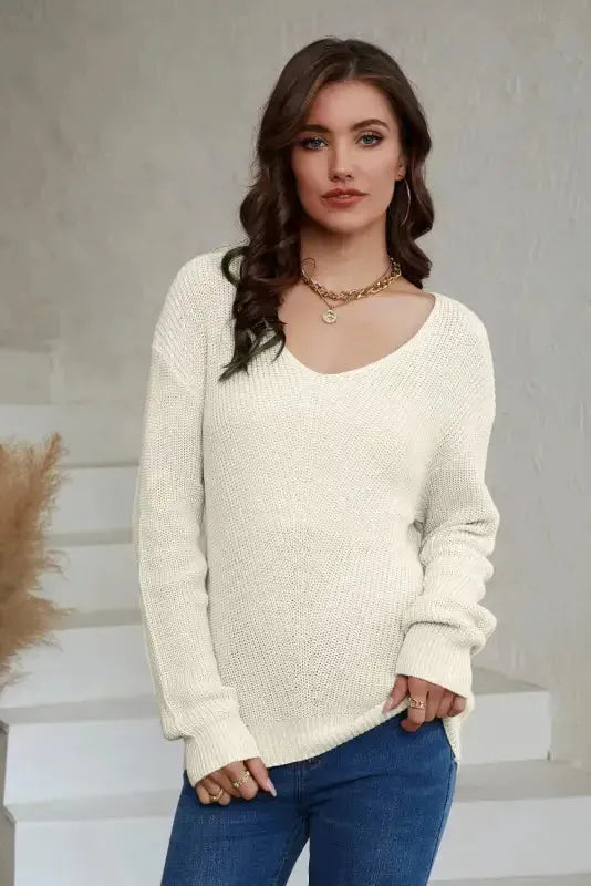 Pink Ribbed Knit V Neck Sweater - Fashionfitz