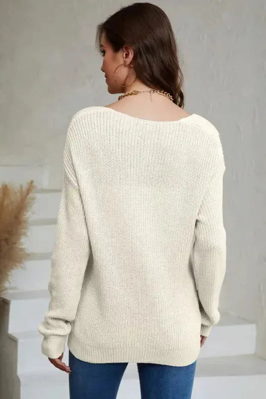 Pink Ribbed Knit V Neck Sweater - Fashionfitz