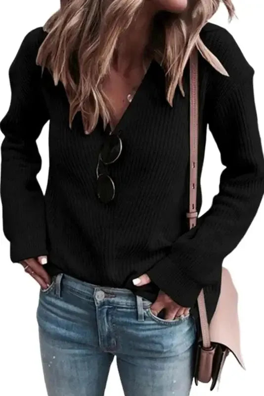 Pink Ribbed Knit V Neck Sweater - Fashionfitz
