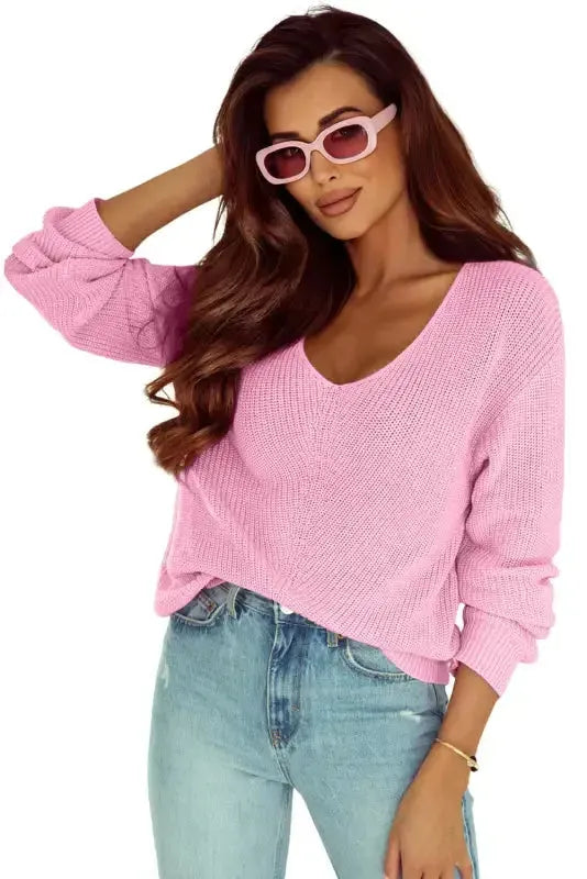 Pink Ribbed Knit V Neck Sweater - Fashionfitz