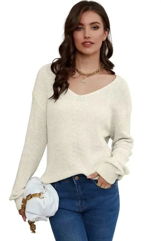 Pink Ribbed Knit V Neck Sweater - Fashionfitz