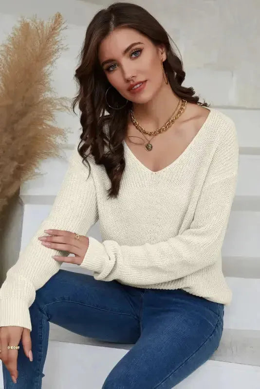 Pink Ribbed Knit V Neck Sweater - Fashionfitz