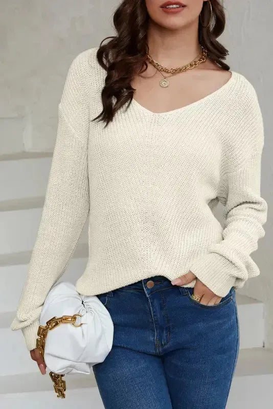 Pink Ribbed Knit V Neck Sweater - Fashionfitz