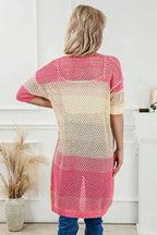 Pink Ribbed Short Sleeve Ombre Eyelet Knitted Cardigan - Fashionfitz