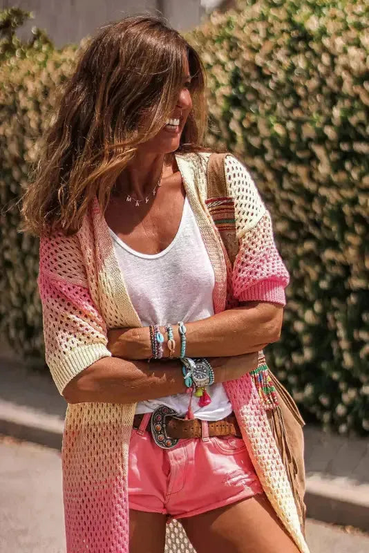 Pink Ribbed Short Sleeve Ombre Eyelet Knitted Cardigan - Fashionfitz