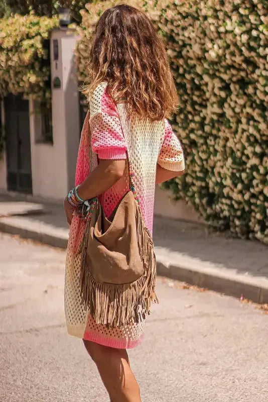 Pink Ribbed Short Sleeve Ombre Eyelet Knitted Cardigan - Fashionfitz