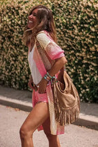 Pink Ribbed Short Sleeve Ombre Eyelet Knitted Cardigan - Fashionfitz