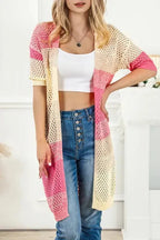 Pink Ribbed Short Sleeve Ombre Eyelet Knitted Cardigan - Fashionfitz
