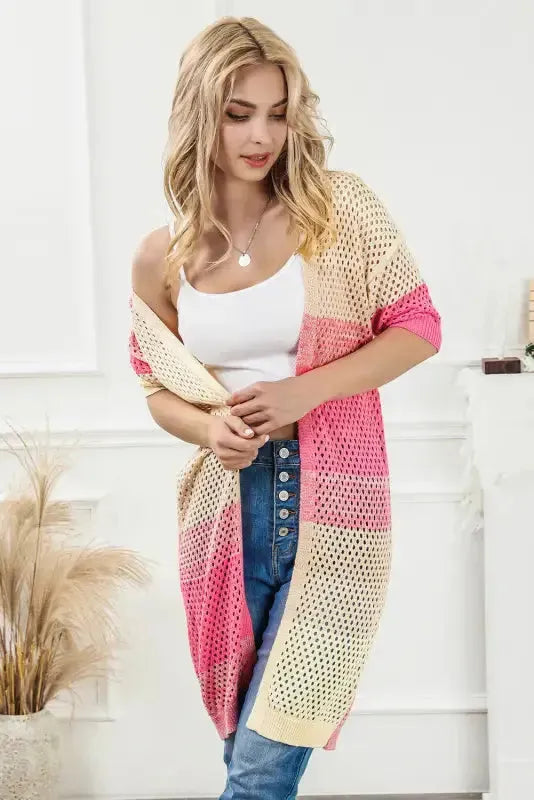 Pink Ribbed Short Sleeve Ombre Eyelet Knitted Cardigan - Fashionfitz