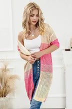 Pink Ribbed Short Sleeve Ombre Eyelet Knitted Cardigan - Fashionfitz