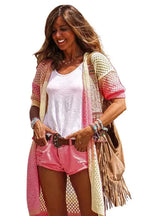 Pink Ribbed Short Sleeve Ombre Eyelet Knitted Cardigan - Fashionfitz
