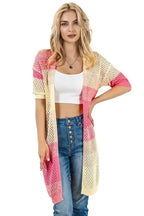 Pink Ribbed Short Sleeve Ombre Eyelet Knitted Cardigan - Fashionfitz