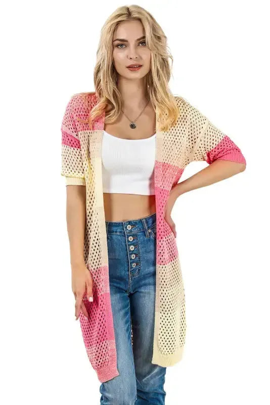 Pink Ribbed Short Sleeve Ombre Eyelet Knitted Cardigan - Fashionfitz