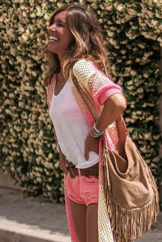 Pink Ribbed Short Sleeve Ombre Eyelet Knitted Cardigan - Fashionfitz