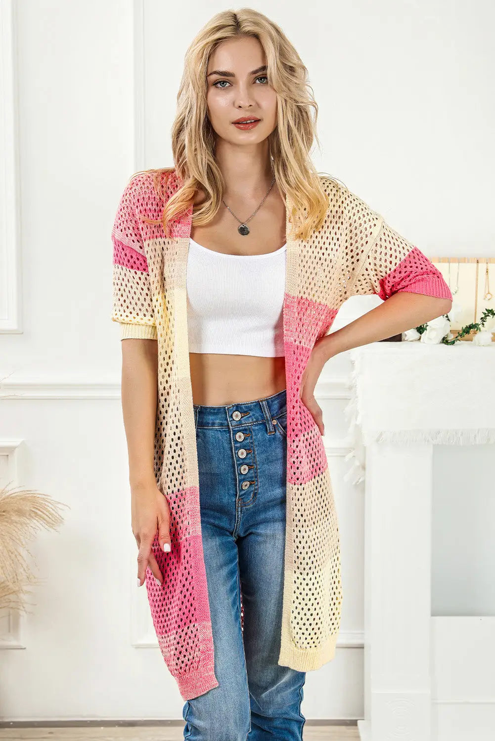Pink ribbed short sleeve ombre eyelet knitted cardigan - sweaters & cardigans