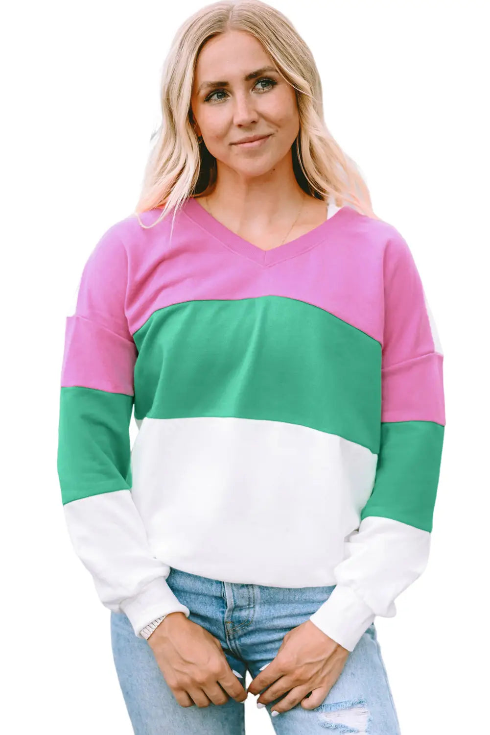 Pink ribbed v neck color block patchwork sweatshirt - xl / 65% polyester + 35% cotton - sweatshirts & hoodies