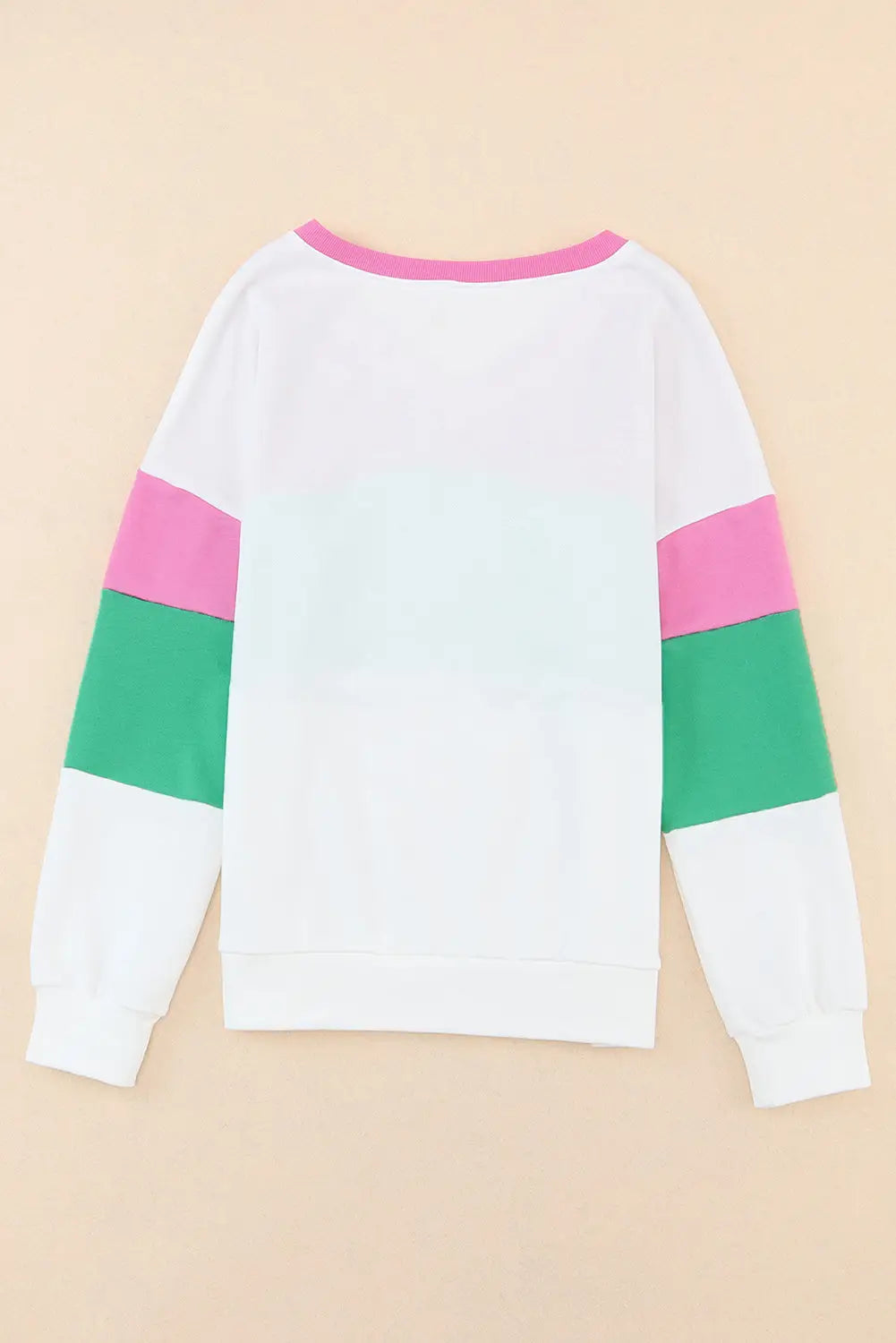 Pink ribbed v neck color block patchwork sweatshirt - xl / 65% polyester + 35% cotton - sweatshirts & hoodies