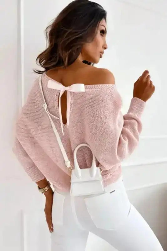 Pink Ribbon Bow Knot Dolman Sleeve Sweater - Fashionfitz