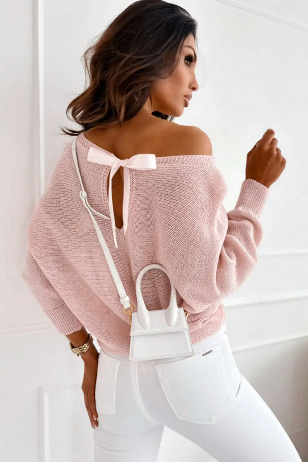Pink ribbon bow knot dolman sleeve sweater - sweaters & cardigans