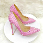 FashionFitz Pink Studded Court Heels – Women’s Stilettos with silver spikes, perfect for weddings, parties, and night outs.