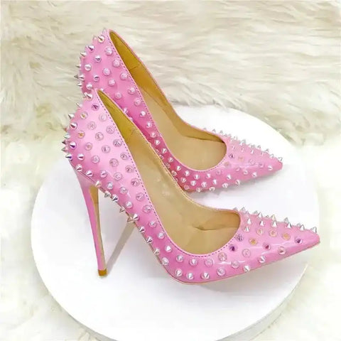 Pink studded silver spike court heels stilettos front view — Fashionfitz UK