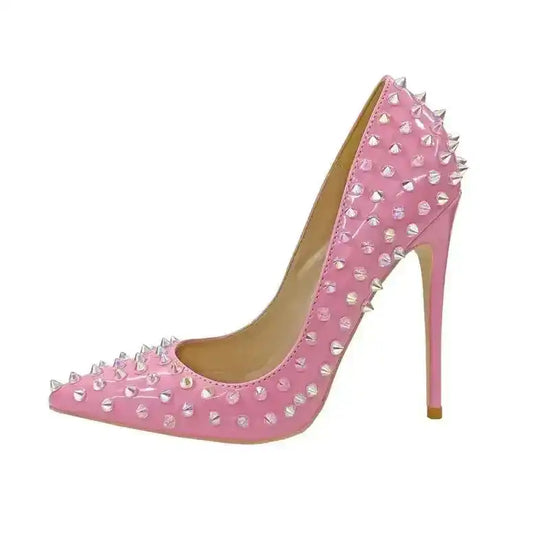 Side view of FashionFitz Pink Studded Court Heels showcasing sleek PU leather and silver studs for a glamorous evening style.