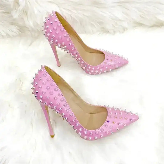 FashionFitz Pink Studded Court Heels in PU leather with metallic spikes, perfect pumps for parties and stylish occasions.