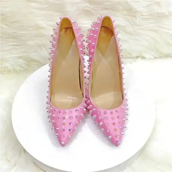 Front view of FashionFitz Pink Studded Court Heels featuring pointed toes and studded detailing, perfect for standout fashion moments.