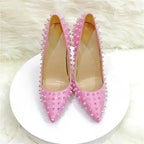 Front view of FashionFitz Pink Studded Court Heels featuring pointed toes and studded detailing, perfect for standout fashion moments.