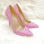 Close-up of FashionFitz Pink Studded Court Heels with pointed toes and silver studs, ideal for weddings and night events.