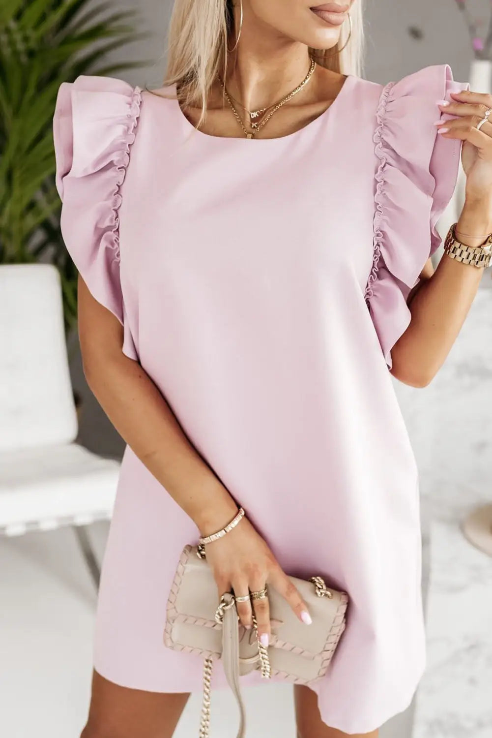 Pink round neck ruffle shift mini dress - dresses