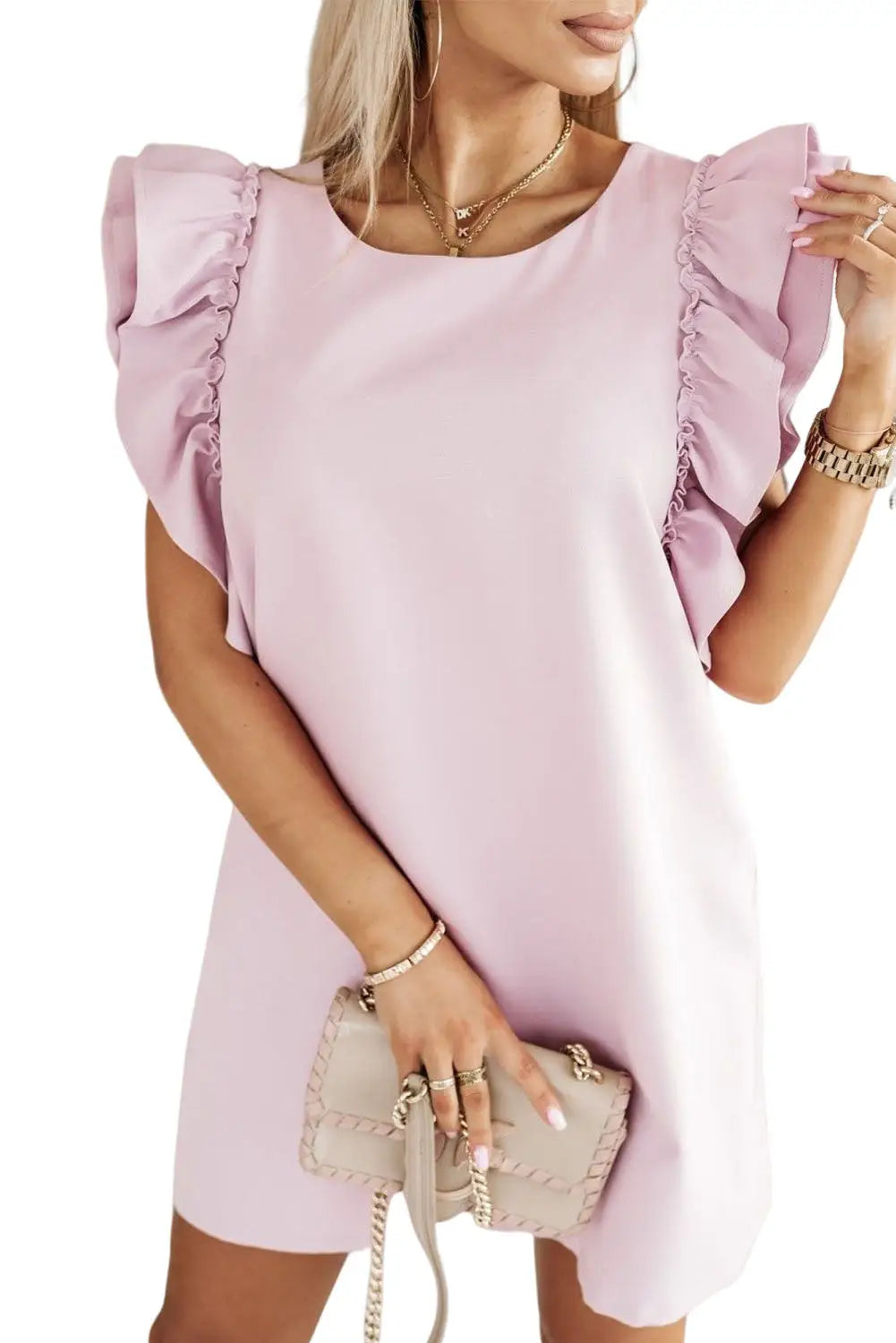 Pink round neck ruffle shift mini dress - dresses