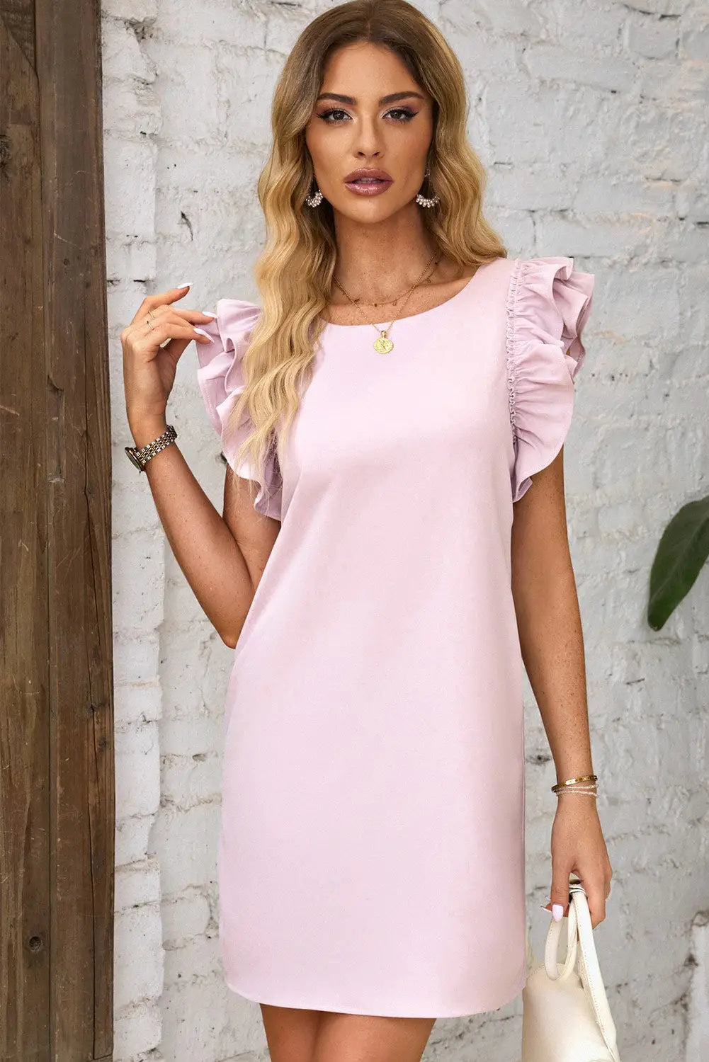 Pink round neck ruffle shift mini dress - s / 95% polyester + 5% elastane - dresses