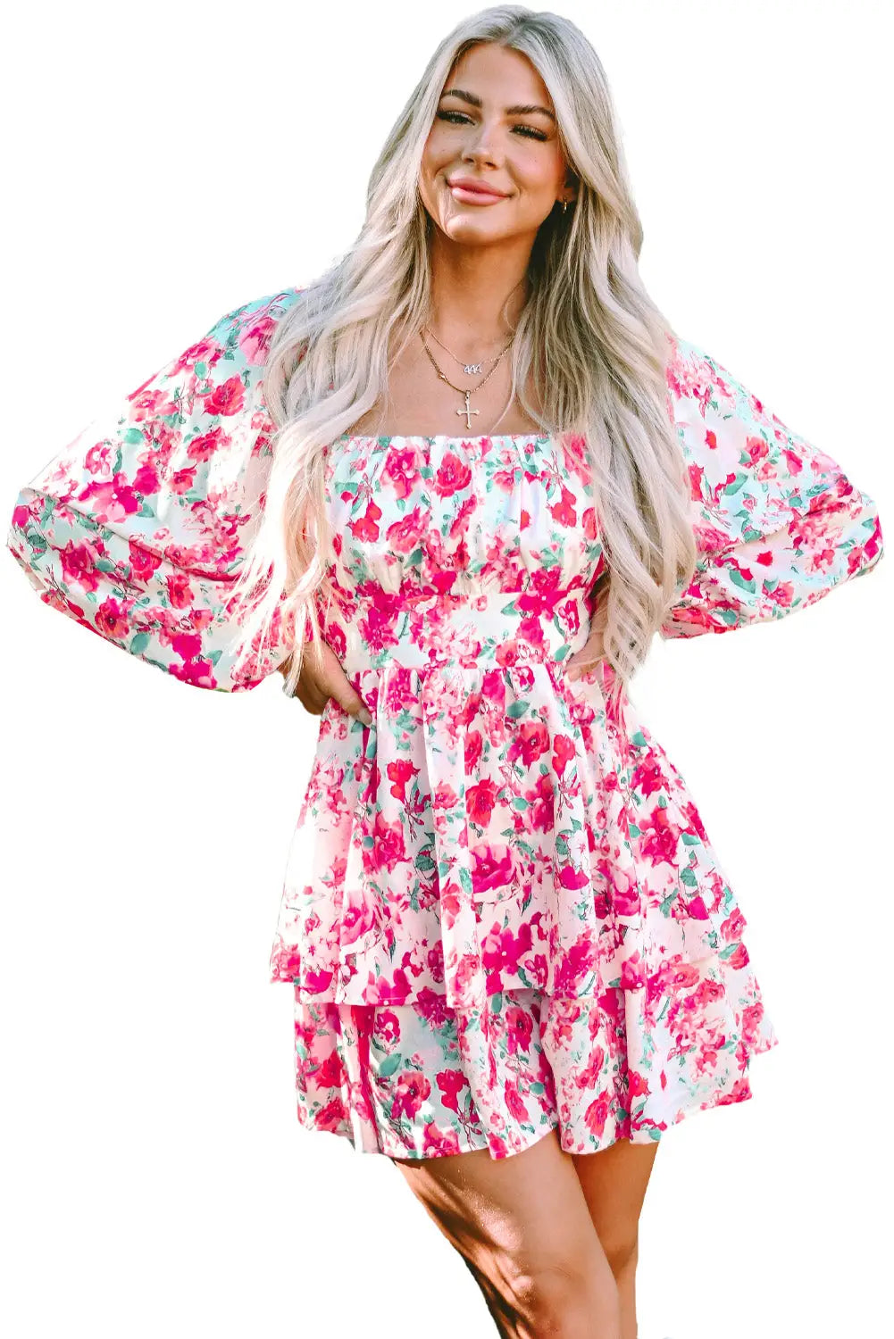 Pink ruffle tiered high waist puff sleeve floral dress - dresses