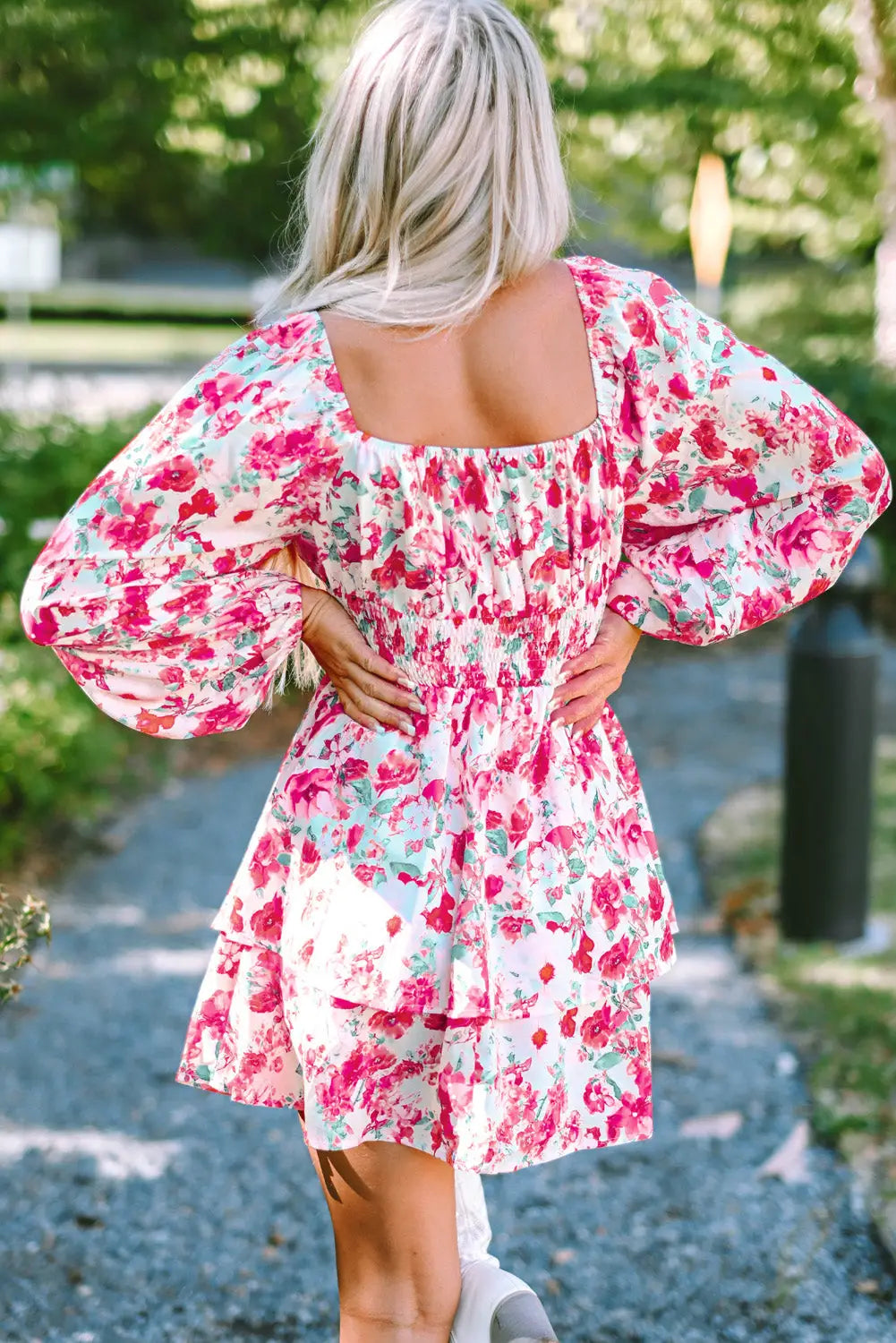 Pink ruffle tiered high waist puff sleeve floral dress - dresses