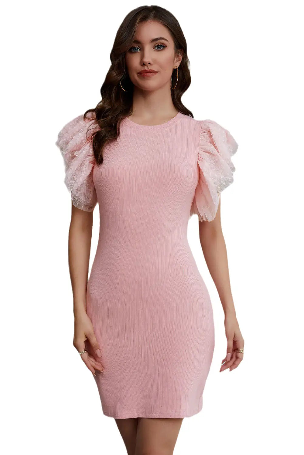 Pink ruffle tulle sleeve ribbed knit bodycon dress - dresses