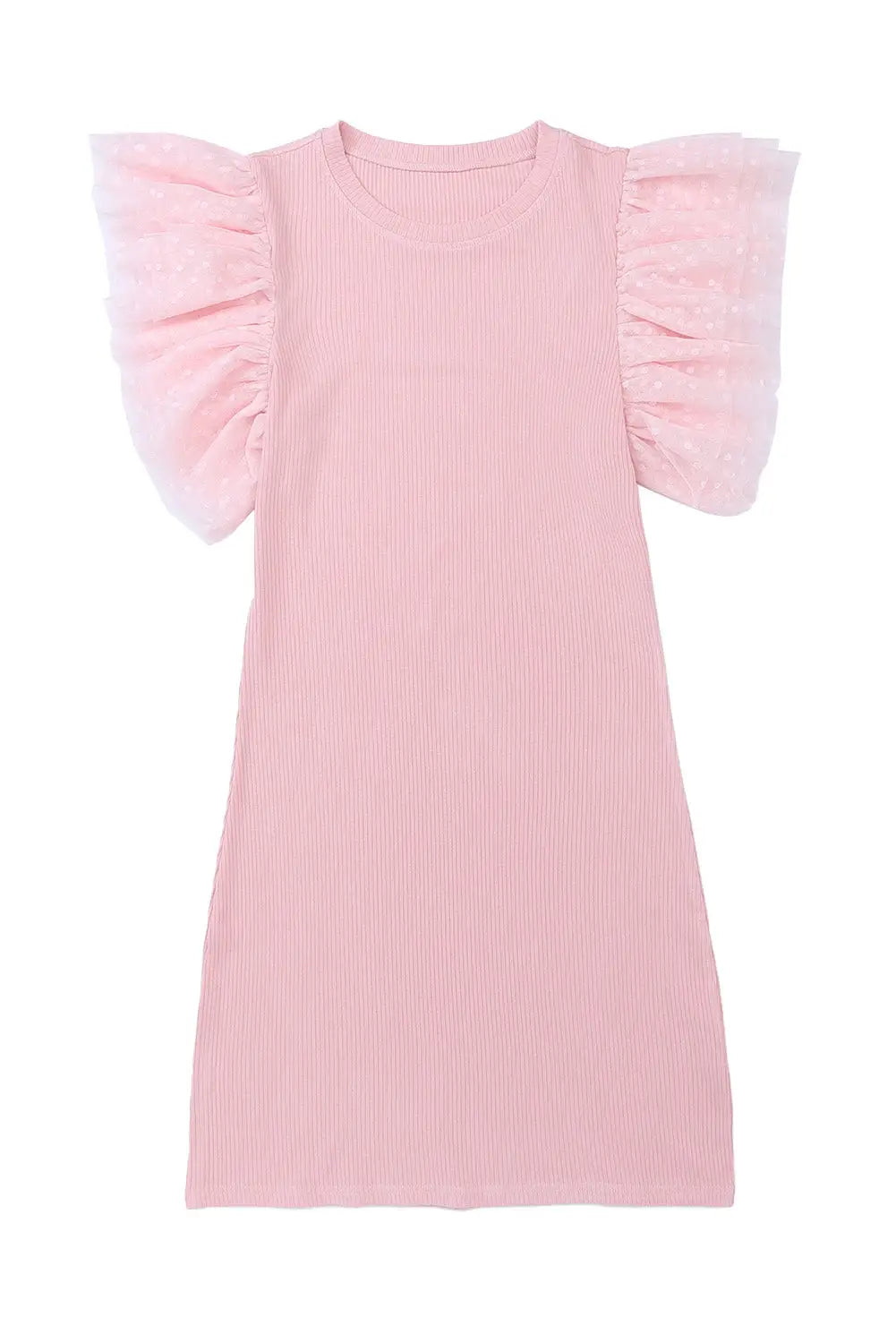Pink ruffle tulle sleeve ribbed knit bodycon dress - dresses
