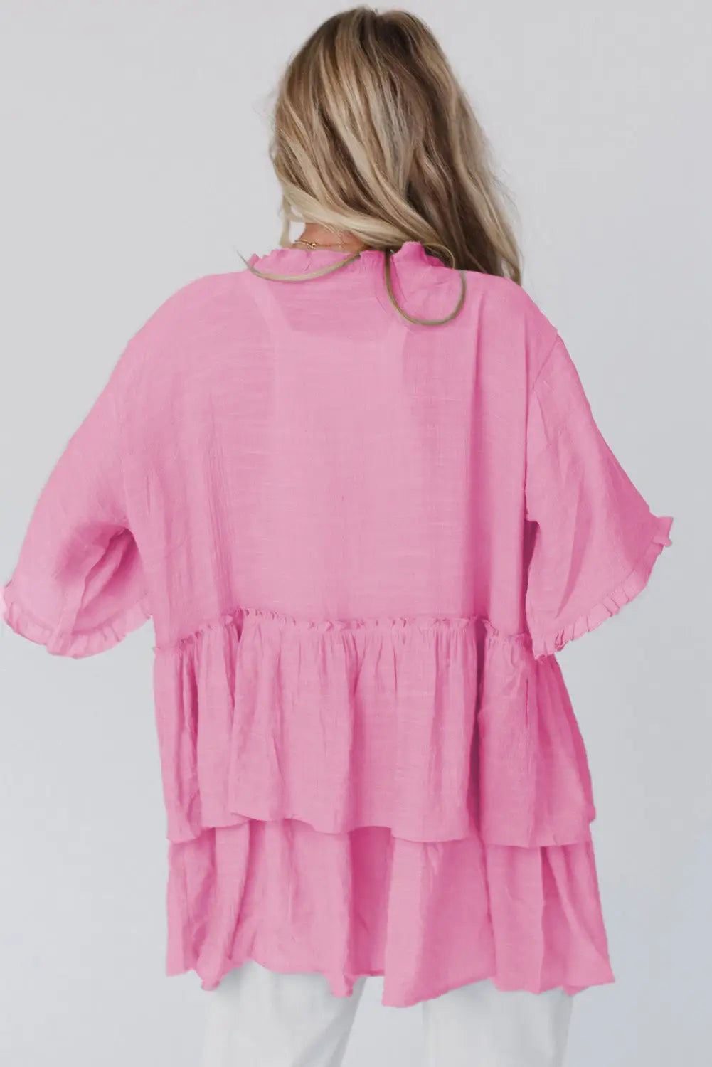 Pink ruffled trim half sleeve open front kimono - one size